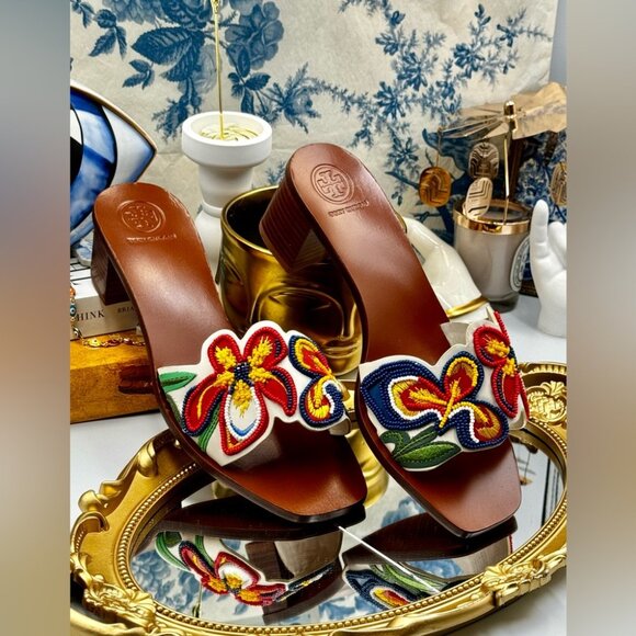 🆕 TORY BURCH 🧿 NWOT Bianca Floral Bead Embellished Slide Sandal - Ivory Multi - Picture 13 of 16